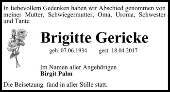 Traueranzeige von Brigitte Gericke  von Magdeburger Volksstimme