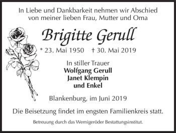 Traueranzeige von Brigitte Gerull  von Magdeburger Volksstimme