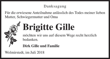 Traueranzeige von Brigitte Gille  von Magdeburger Volksstimme