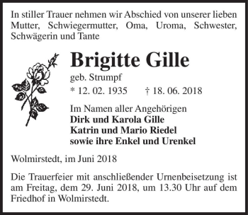 Traueranzeige von Brigitte Gille (geb. Strumpf)  von Magdeburger Volksstimme