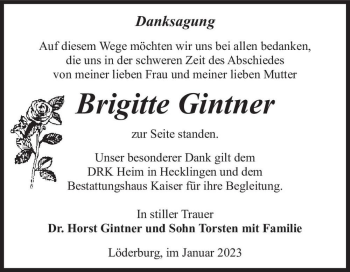 Traueranzeige von Brigitte Gintner  von Magdeburger Volksstimme