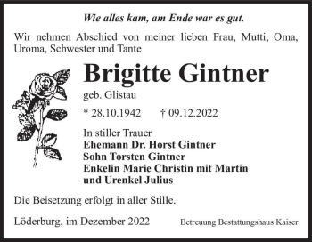 Traueranzeige von Brigitte Gintner (geb. Glistau)  von Magdeburger Volksstimme