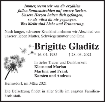 Traueranzeige von Brigitte Gladitz  von Magdeburger Volksstimme