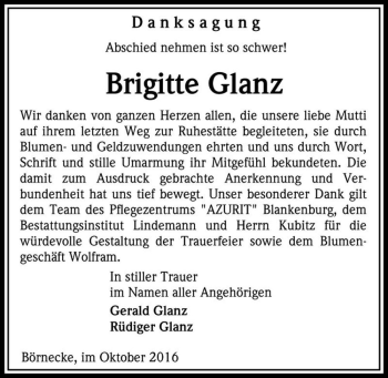 Traueranzeige von Brigitte Glanz  von Magdeburger Volksstimme