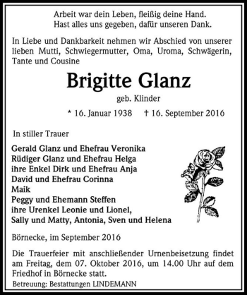 Traueranzeige von Brigitte Glanz (geb. Klinder)  von Magdeburger Volksstimme