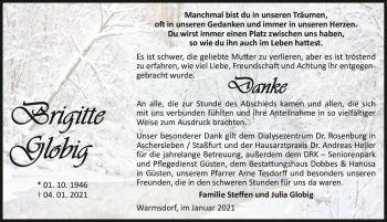 Traueranzeige von Brigitte Globig  von Magdeburger Volksstimme