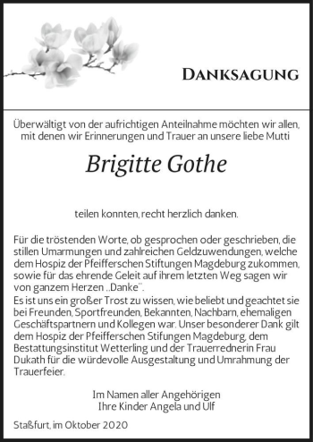 Traueranzeige von Brigitte Gothe  von Magdeburger Volksstimme