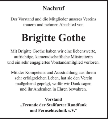 Traueranzeige von Brigitte Gothe  von Magdeburger Volksstimme