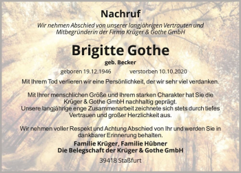 Traueranzeige von Brigitte Gothe (geb. Becker)  von Magdeburger Volksstimme