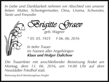 Traueranzeige von Brigitte Graev (geb. Wagner)  von Magdeburger Volksstimme