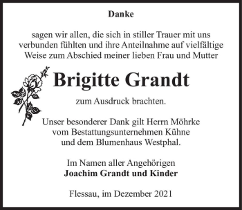 Traueranzeige von Brigitte Grandt  von Magdeburger Volksstimme