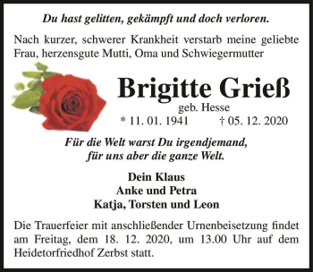 Traueranzeige von Brigitte Grieß (geb. Hesse)  von Magdeburger Volksstimme