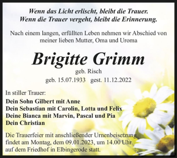 Traueranzeige von Brigitte Grimm (geb. Risch)  von Magdeburger Volksstimme