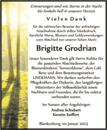 Traueranzeige von Brigitte Grodrian  von Magdeburger Volksstimme