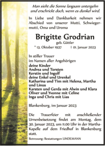 Traueranzeige von Brigitte Grodrian (geb. Güttler)  von Magdeburger Volksstimme