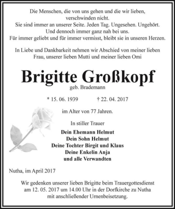 Traueranzeige von Brigitte Großkopf (geb. Brademann)  von Magdeburger Volksstimme