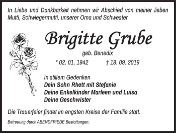 Traueranzeige von Brigitte Grube (geb. Benedix)  von Magdeburger Volksstimme