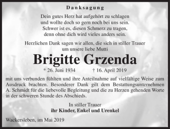 Traueranzeige von Brigitte Grzenda  von Magdeburger Volksstimme