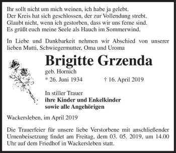Traueranzeige von Brigitte Grzenda (geb. Hornich)  von Magdeburger Volksstimme