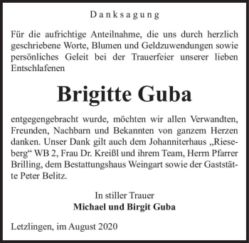 Traueranzeige von Brigitte Guba  von Magdeburger Volksstimme