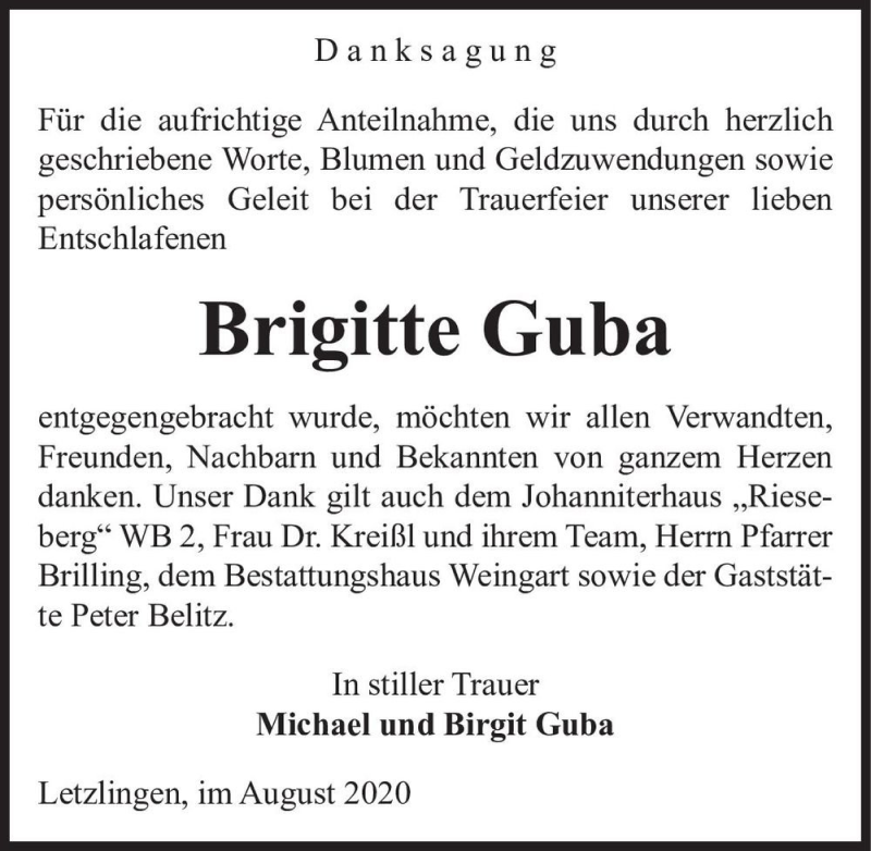  Traueranzeige für Brigitte Guba  vom 14.08.2020 aus Magdeburger Volksstimme