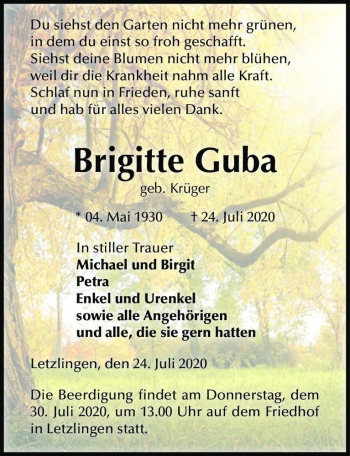 Traueranzeige von Brigitte Guba (geb. Krüger)  von Magdeburger Volksstimme
