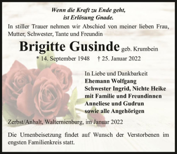 Traueranzeige von Brigitte Gusinde (geb. Krumbein)  von Magdeburger Volksstimme