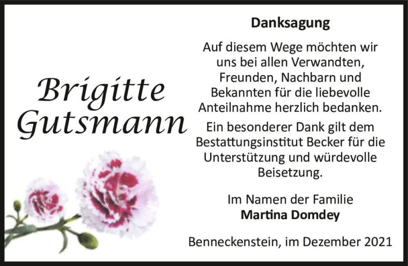  Traueranzeige für Brigitte Gutsmann  vom 18.12.2021 aus Magdeburger Volksstimme