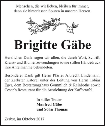 Traueranzeige von Brigitte Gäbe  von Magdeburger Volksstimme