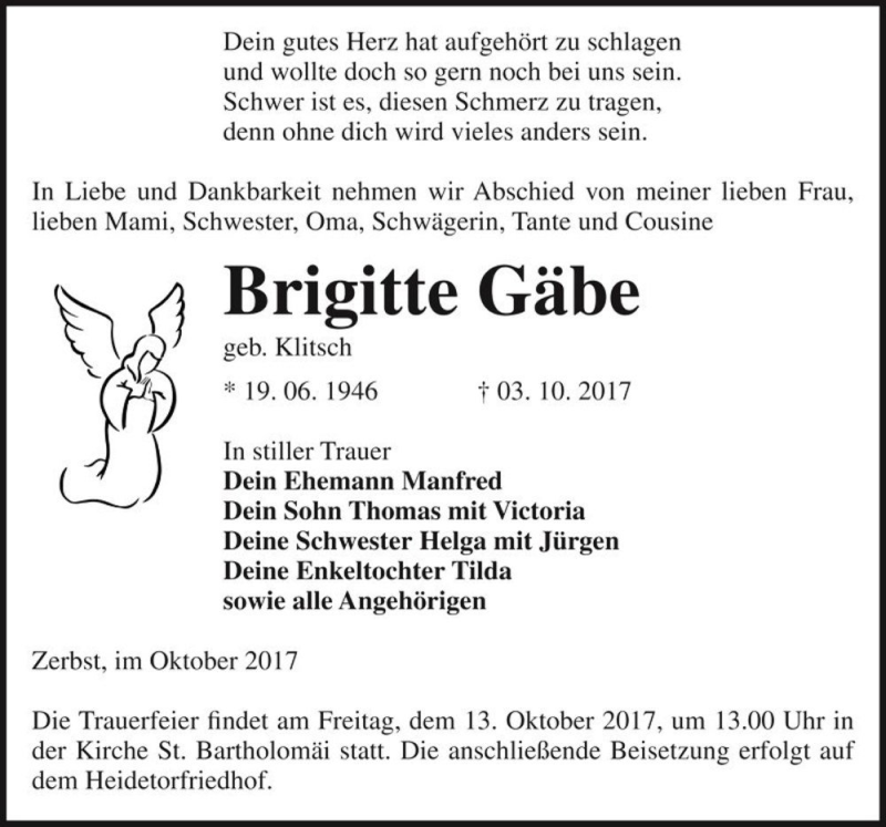  Traueranzeige für Brigitte Gäbe (geb. Klitsch)  vom 10.10.2017 aus Magdeburger Volksstimme