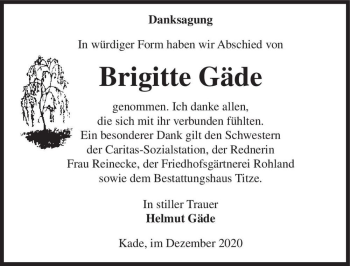 Traueranzeige von Brigitte Gäde  von Magdeburger Volksstimme
