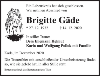 Traueranzeige von Brigitte Gäde  von Magdeburger Volksstimme