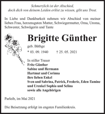 Traueranzeige von Brigitte Günther (geb. Bäthge)  von Magdeburger Volksstimme