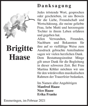 Traueranzeige von Brigitte Haase  von Magdeburger Volksstimme