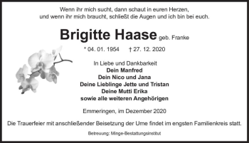 Traueranzeige von Brigitte Haase (geb. Franke)  von Magdeburger Volksstimme