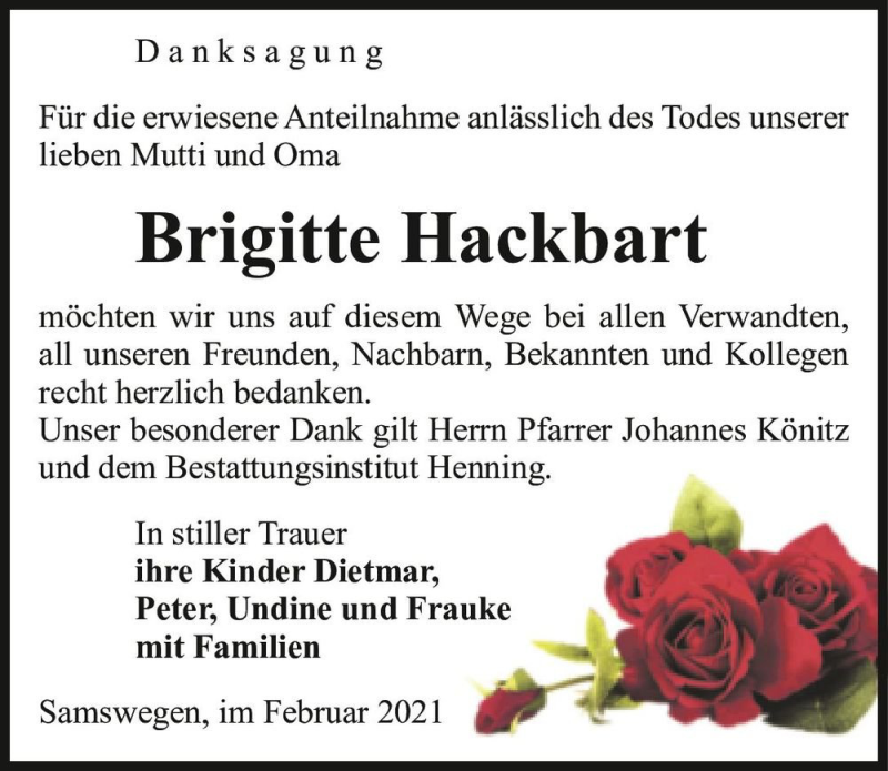  Traueranzeige für Brigitte Hackbart  vom 20.02.2021 aus Magdeburger Volksstimme