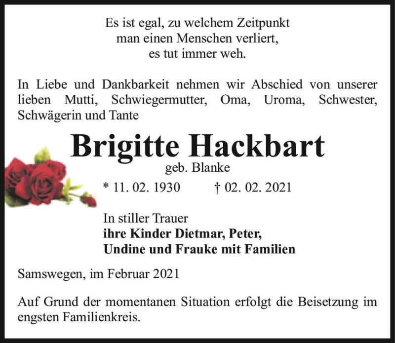  Traueranzeige für Brigitte Hackbart (geb. Blanke)  vom 06.02.2021 aus Magdeburger Volksstimme