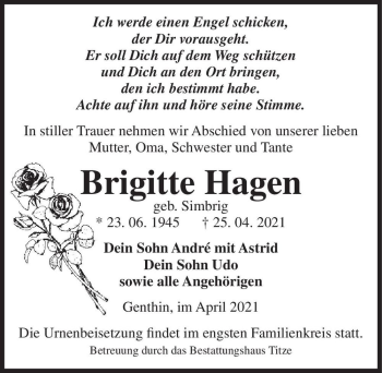 Traueranzeige von Brigitte Hagen (geb. Simbrig)  von Magdeburger Volksstimme