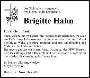 Traueranzeige von Brigitte Hahn  von Magdeburger Volksstimme