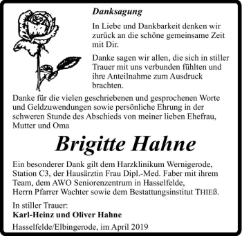 Traueranzeige von Brigitte Hahne  von Magdeburger Volksstimme