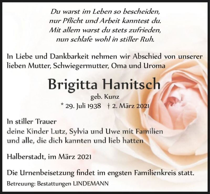 Traueranzeige für Brigitte Hanitsch (geb. Kunz)  vom 06.03.2021 aus Magdeburger Volksstimme