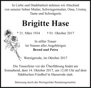 Traueranzeige von Brigitte Hase  von Magdeburger Volksstimme