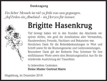 Traueranzeige von Brigitte Hasenkrug  von Magdeburger Volksstimme