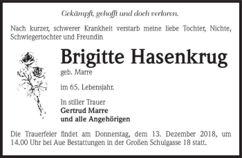 Traueranzeige von Brigitte Hasenkrug  (geb. Marre)  von Magdeburger Volksstimme
