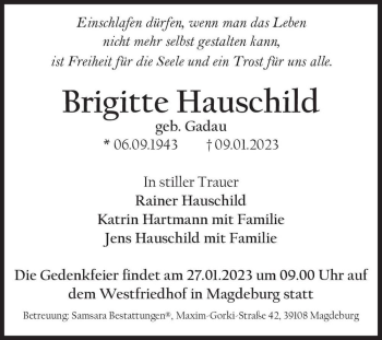 Traueranzeige von Brigitte Hauschild (geb. Gadau)  von Magdeburger Volksstimme