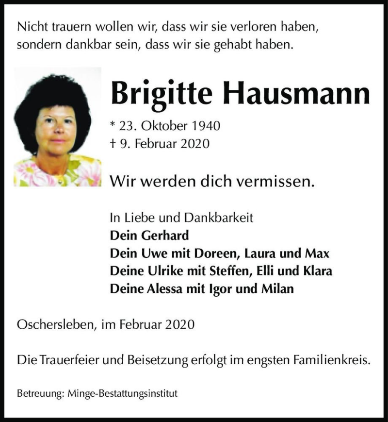  Traueranzeige für Brigitte Hausmann  vom 12.02.2020 aus Magdeburger Volksstimme