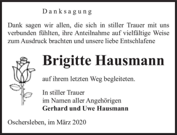 Traueranzeige von Brigitte Hausmann  von Magdeburger Volksstimme