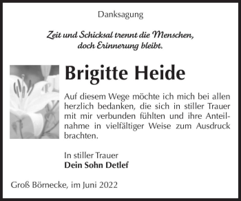 Traueranzeige von Brigitte Heide  von Magdeburger Volksstimme