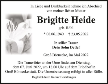 Traueranzeige von Brigitte Heide (geb. Röhl)  von Magdeburger Volksstimme