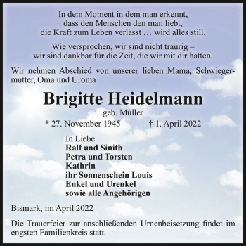 Traueranzeige von Brigitte Heidelmann (geb. Müller)  von Magdeburger Volksstimme
